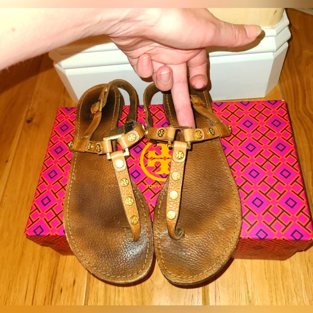 Tory Burch Designer Marge Studded Coin Tan Brown Leather Slingback Sandals 8.5